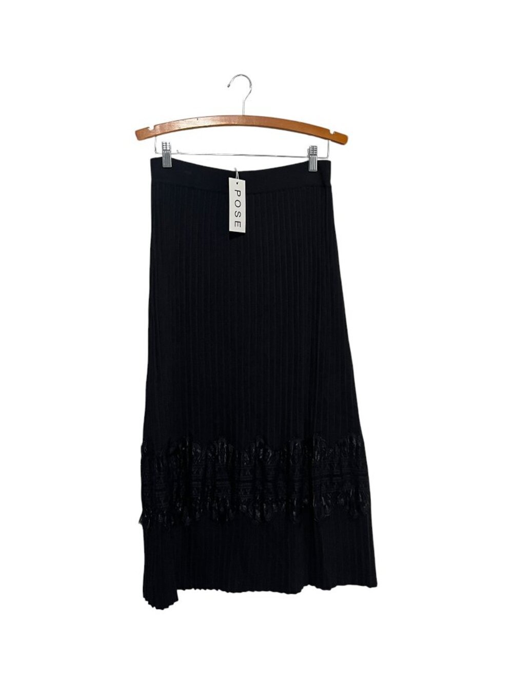 Pose Black Midi Skirt Lace Trim Knit Pull On Elastic Waist Women's XL NWT